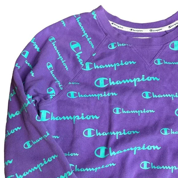 Champion Purple Logo Green Print Crop Sweatshirt Size Size S - Picture 2 of 8